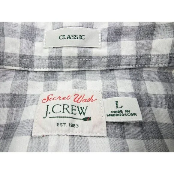 J. Crew Classic Secret Wash Size Large Mens Gray White Check Button Down Shirt - Picture 4 of 9
